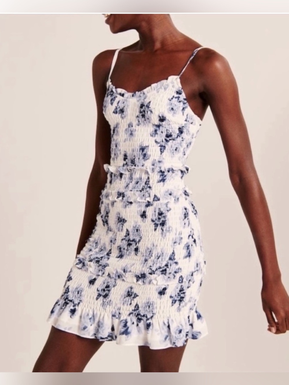 Abercrombie XXSP Blue White Floral Smocked Ruffle Bodycon Mini Dress